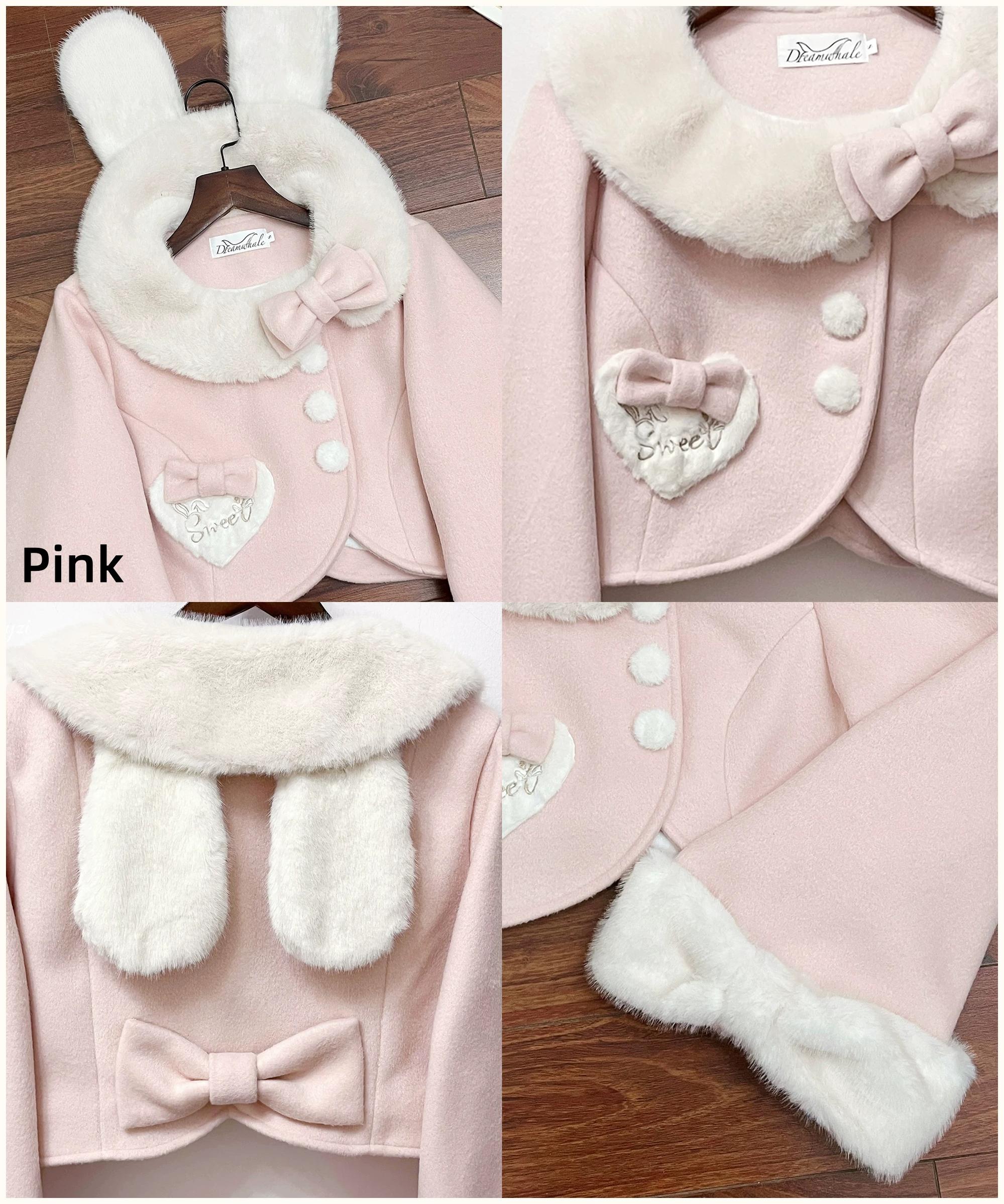Rabbit Heart Knot - Sweet Lolita Winter Short Coat, Detachable Bunny-Ear Collar (Pink) 45891:866924