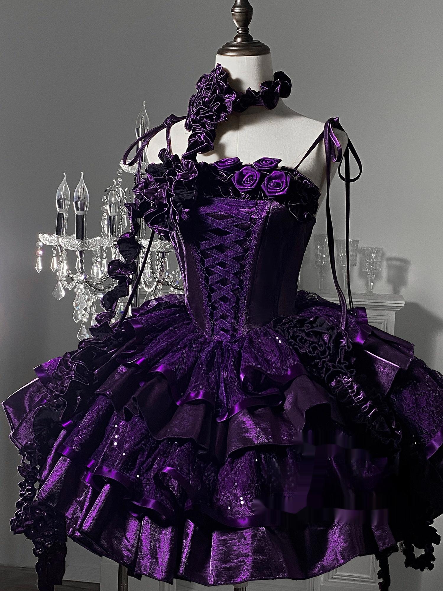 Silent Manor - Purple Gothic Lolita JSK with Built-in Soft Fishbone Flower Choker Purple