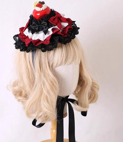 Xiaogui~Kawaii Lolita Hairpin Lace Cake Small Top Hat Black-red with black lace  
