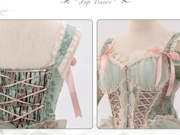 Honey Machine~Waltz for Dance~Sweet Lolita JSK Green Tiered Hem Dress and Blouse Set   