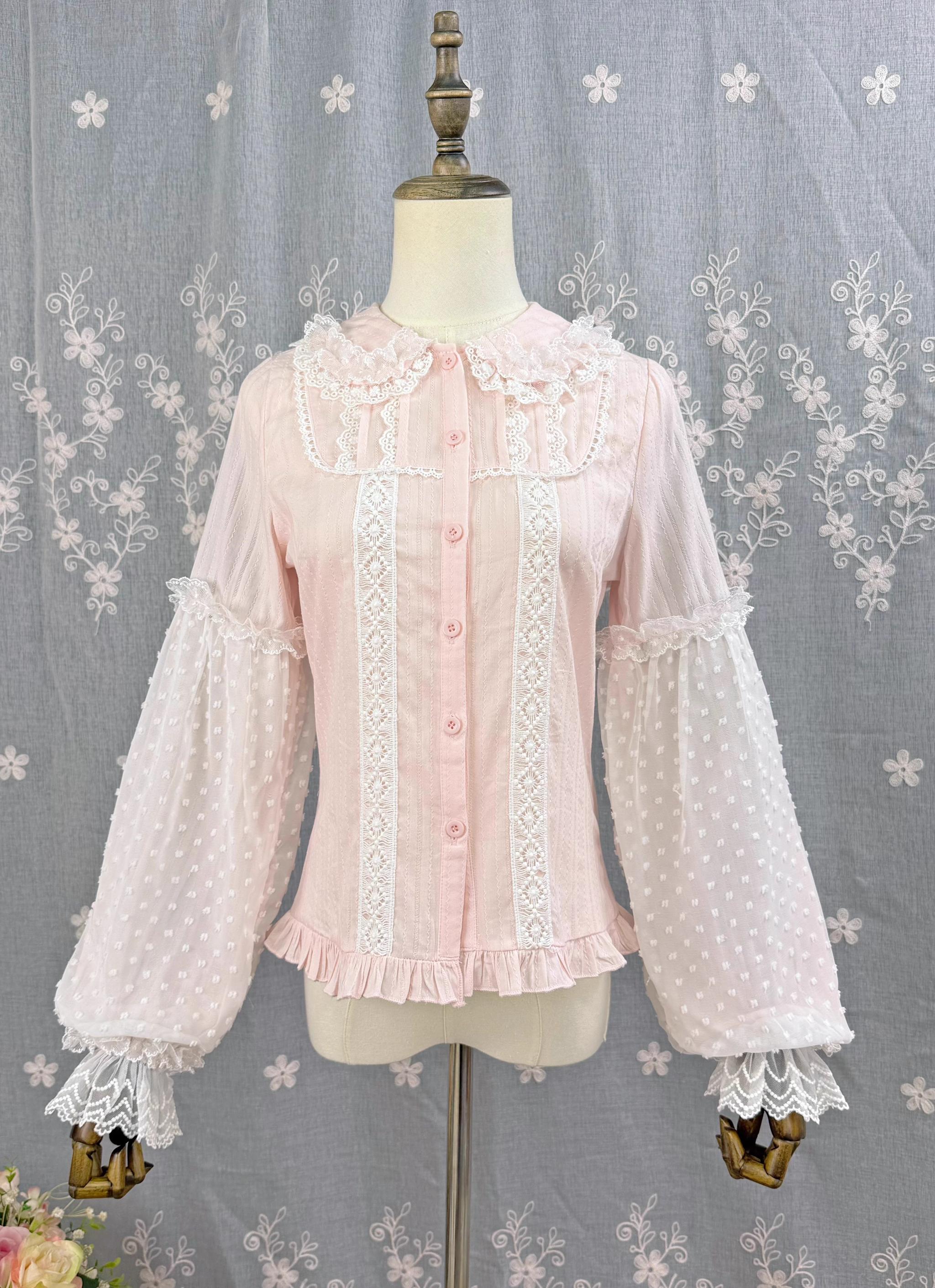 DMFS Lolita - Spiral Candy - Sweet Lolita Long Sleeve Cotton Shirt, Lace Accents Pink - Lantern Sleeve S