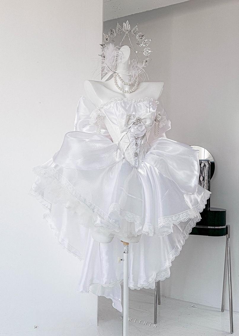 POSHEPOSE~Moonlight Oath~White Lolita Satin Skirt Set with Bodice and Bow Trailing