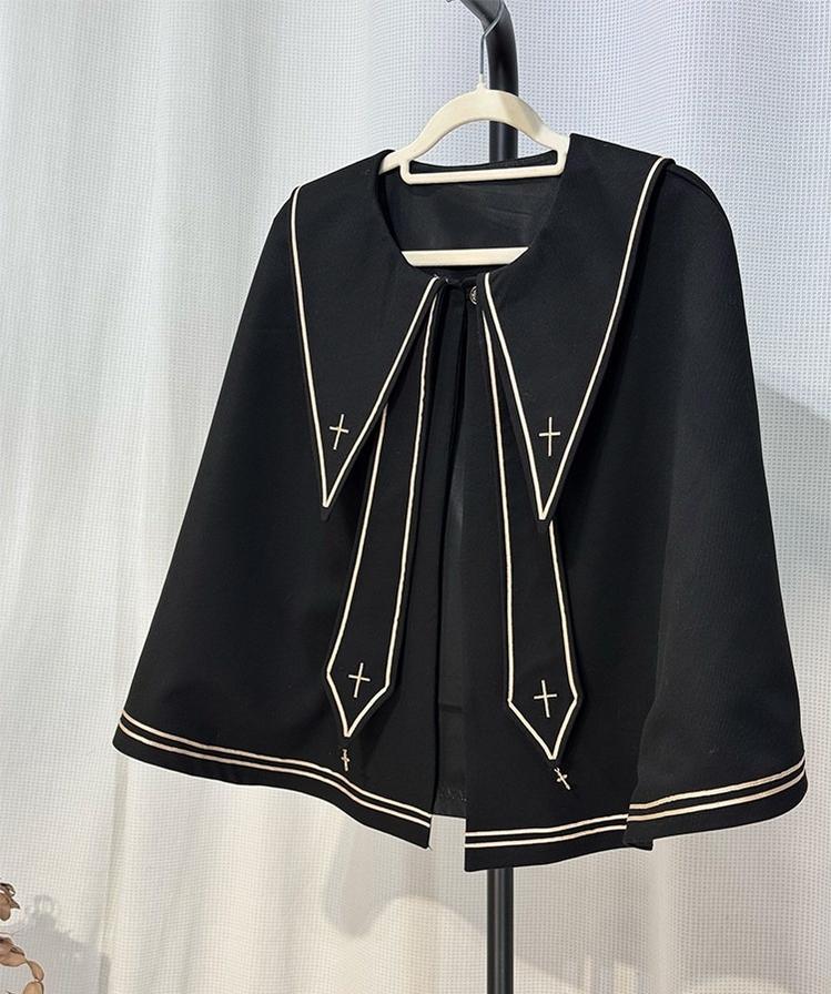Angel & Devil - Button Closure Ouji Lolita Cape Set, Cross Embroidery Black Short Cape (one size / choose M) M