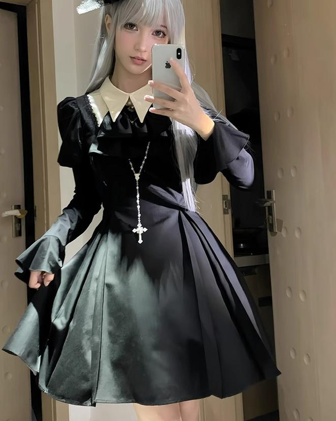 Mengfuzi~Gothic Lolita OP Dress Nun Style Fishbone Skirt   