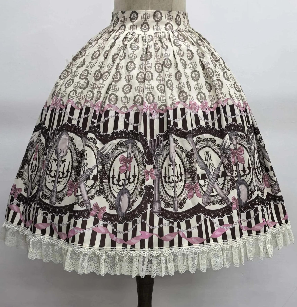 Clara Table - Dark Sweet Lolita SK & JSK Dress Set, Candelabra Tableware Print (White / Pink / 2XL L M S XL) 45979:870528