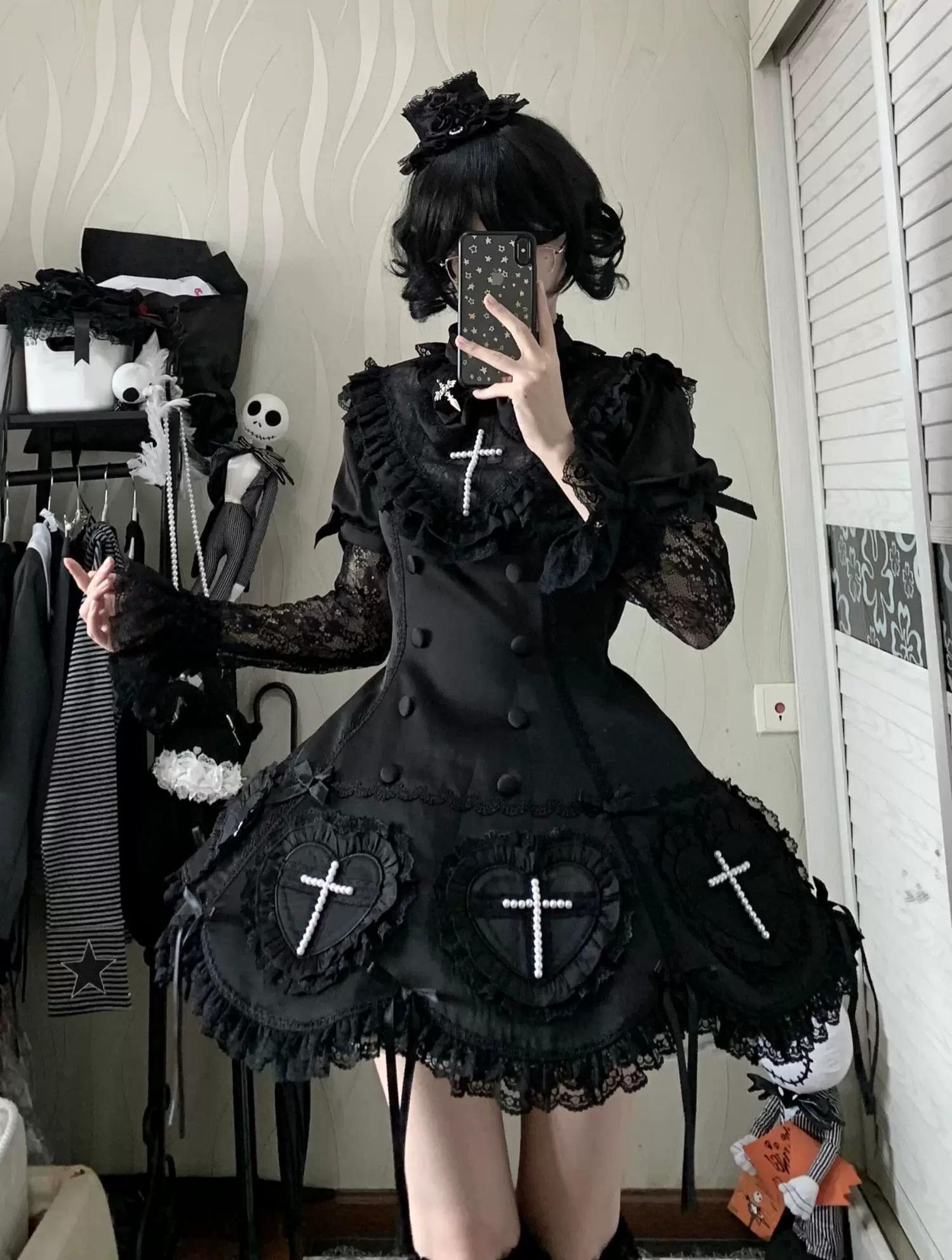 Nocthymn Cross - Gothic Lolita OP Dress with Pearled Cross, Detachable Sleeves 45813:863469