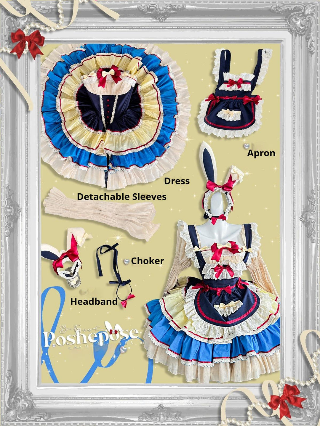 POSHEPOSE~Maid Bunny~Gorgeous Sweet Lolita OP Dress with Detachable Sleeves and Apron (F L M S XS) 41664:720556