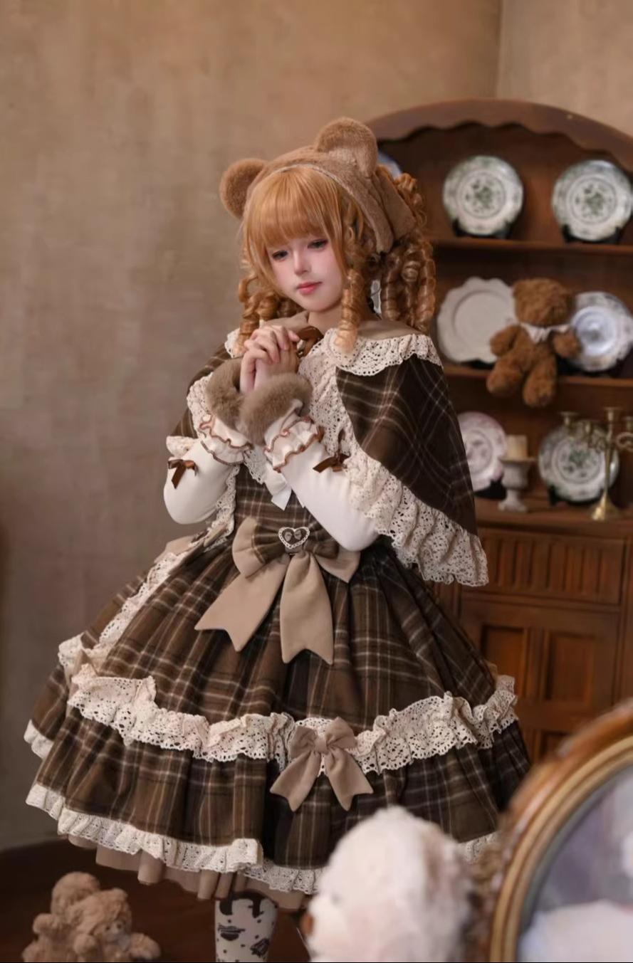 Choco Chestnut - Plaid Kawaii Lolita JSK Dress, Peter Pan Collar Cape 44501:810623