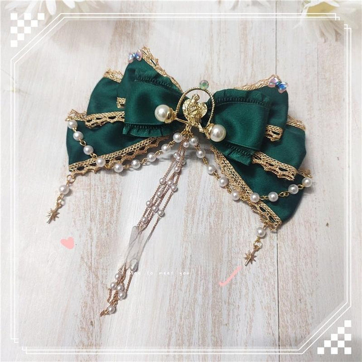 MoXiaoqing Handmade~Elegant Lolita HeaddressDark Green Butterfly Hair Accessory Choker Dark green tassel hair clip (one piece)  