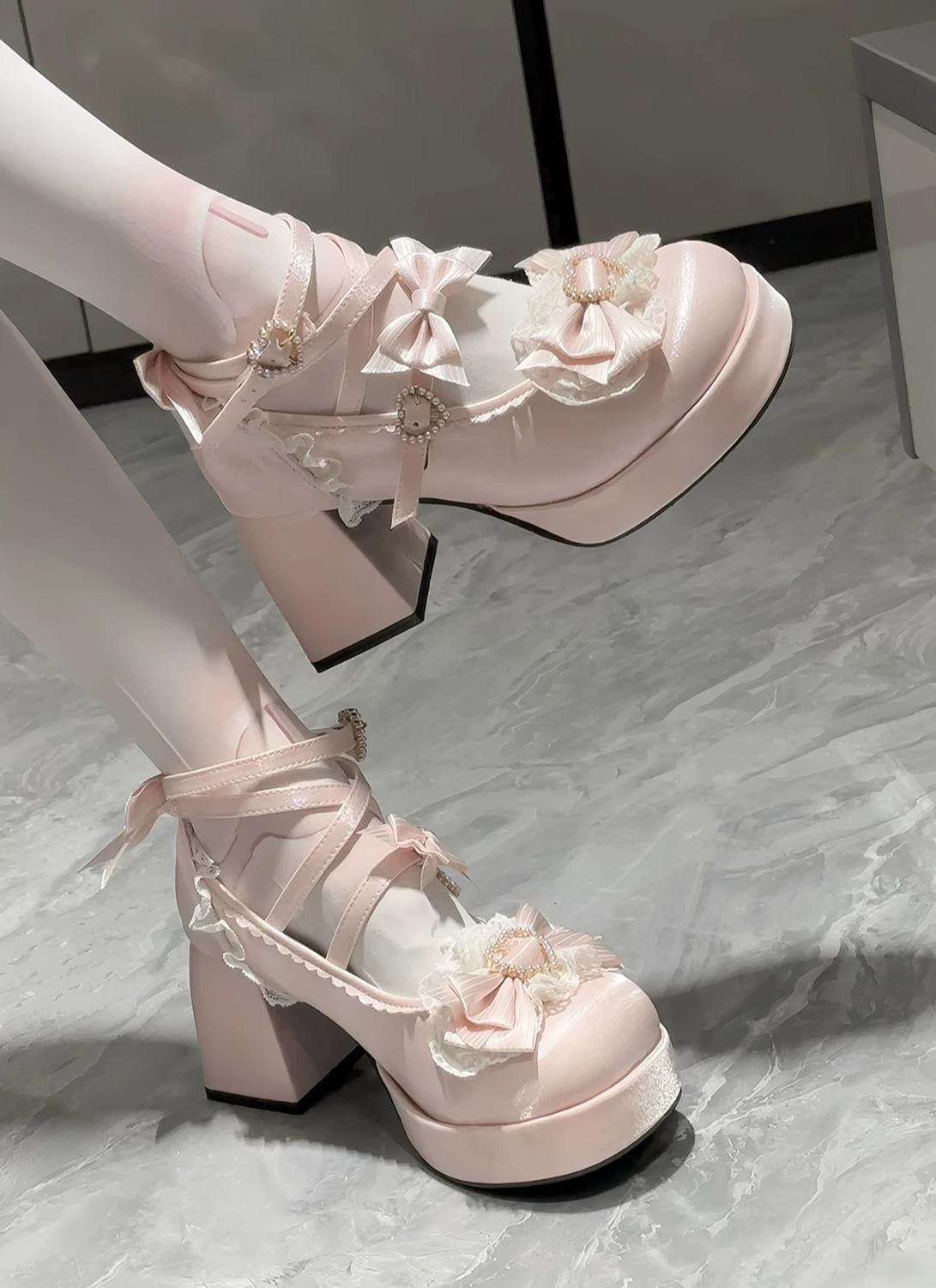 Romance of Hearts - Sweet Lolita Chunky Heeled Shoes, Pearl Heart Accents 45692:859391