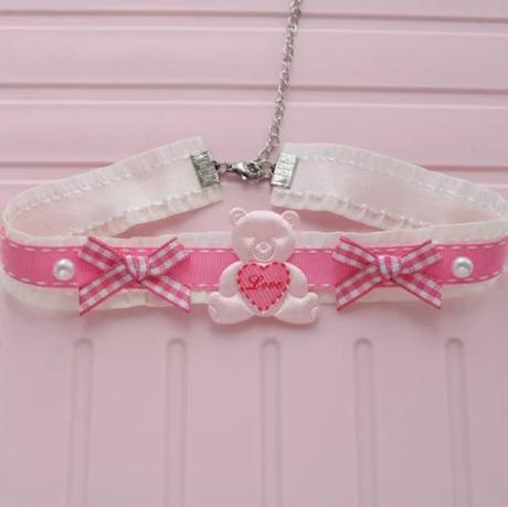 Creamy Bubbles~Sweet Lolita Choker Macaron Colors Bear Heart Necklace Peach pink love heart bear  