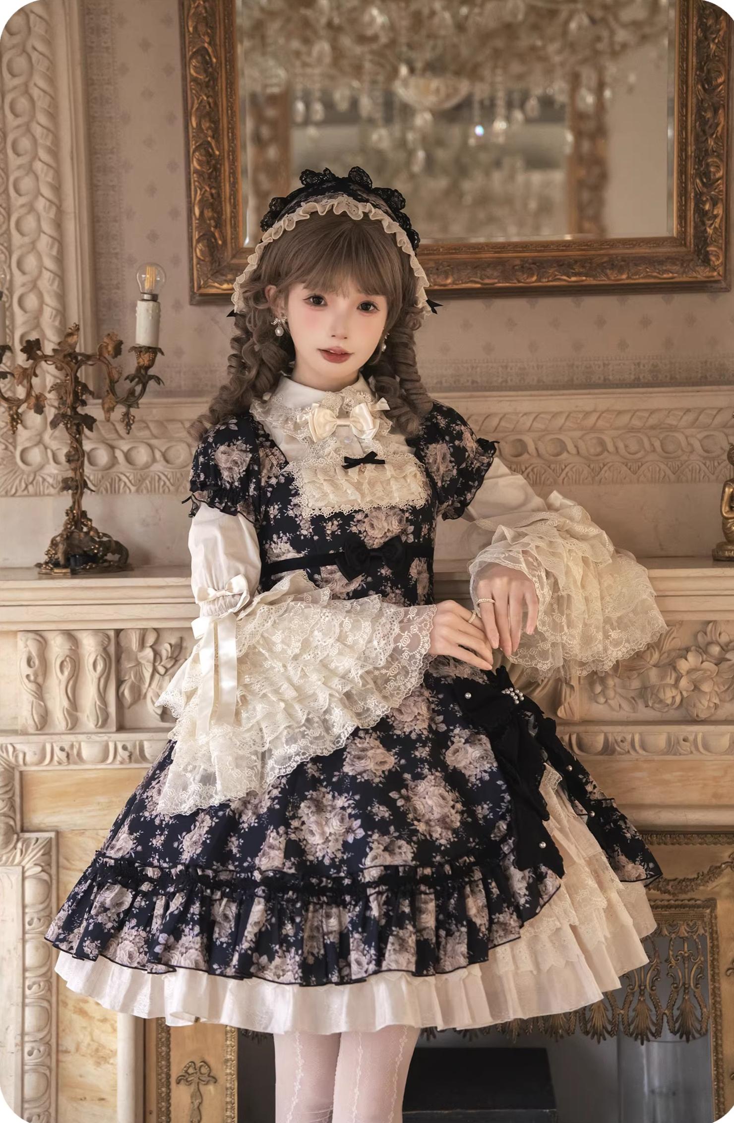 Black Rose - Printed Old School Lolita Dress, Front Opening