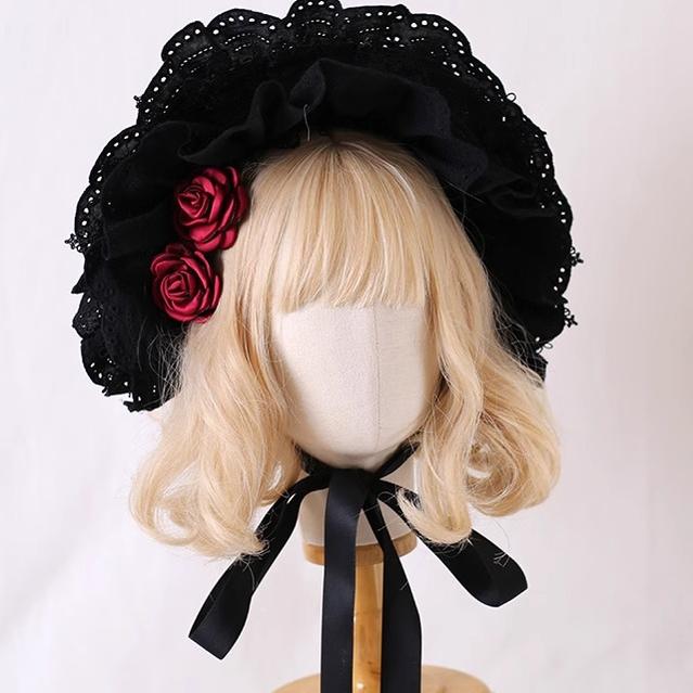 Xiaogui~Classic Lolita Bonnet Lace Elegant Lolita Hat Free size Black + dark red flowers 