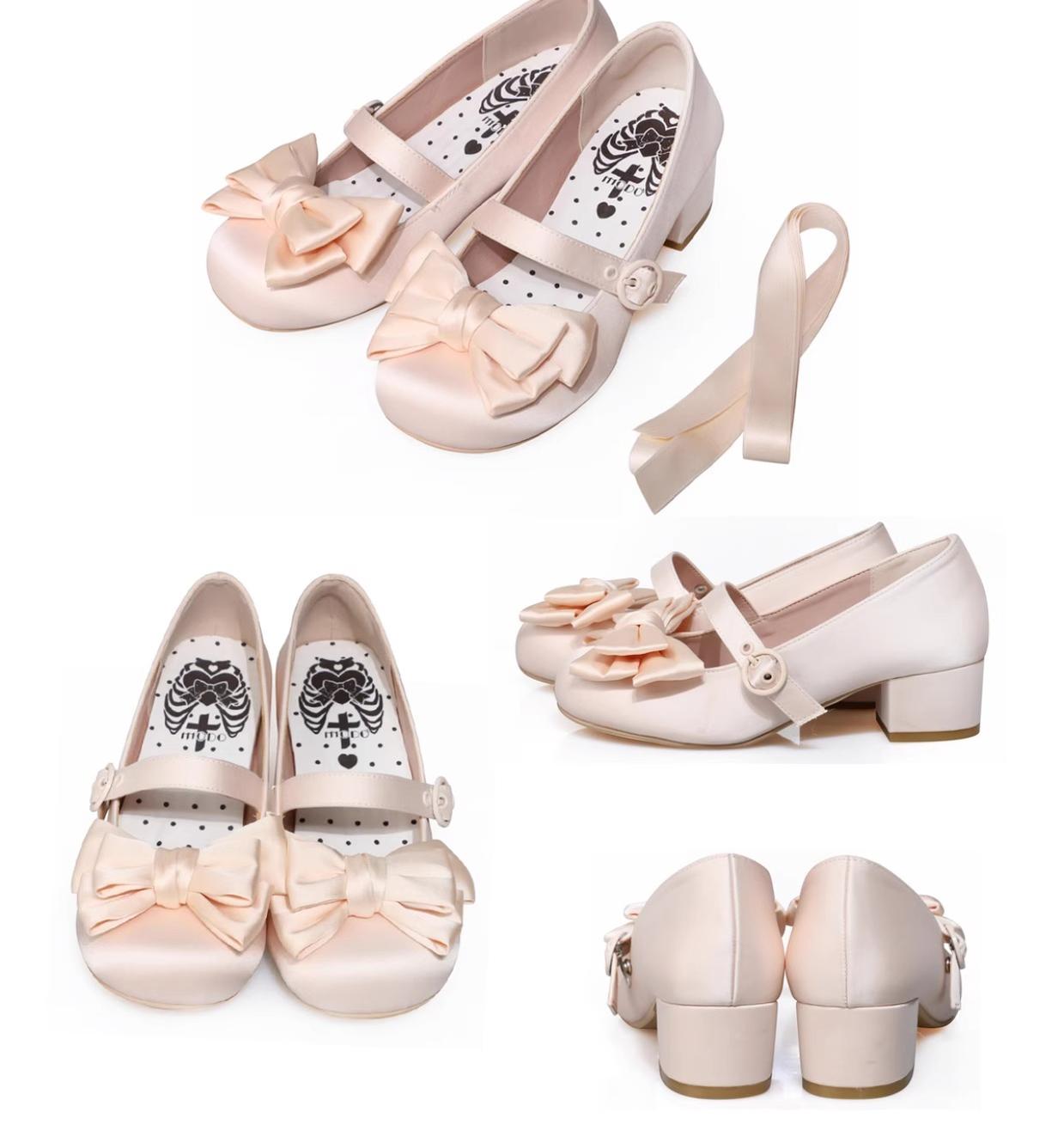 MODO~Sissi~Sweet Lolita Shoes Satin Low Chunky Heels with Bow 42594:749210