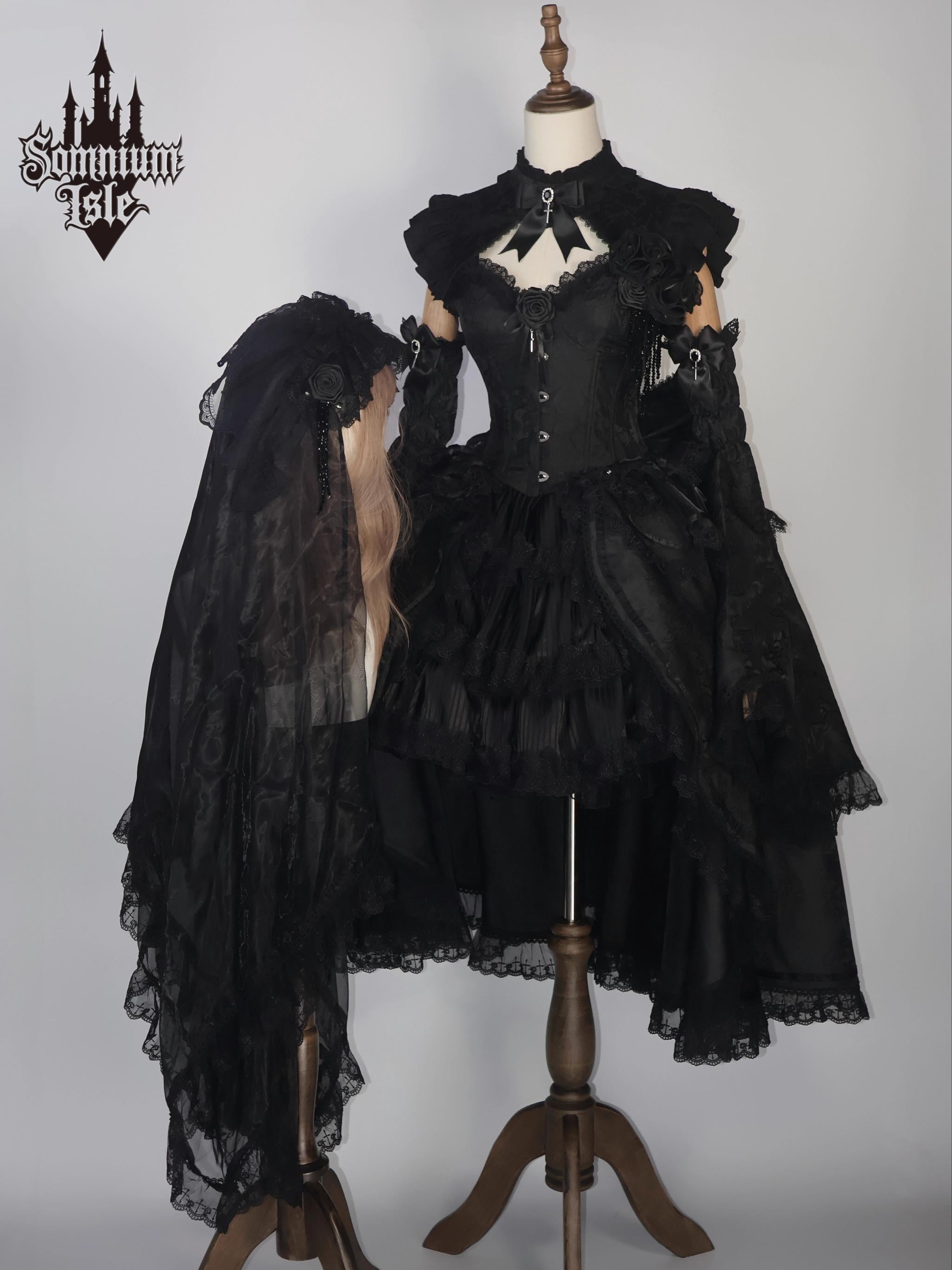 Dawn Sacrament - Striped Jacquard Gothic Lolita SK Dress, Boning Bodice Black 8-Piece Full Set - Long XS