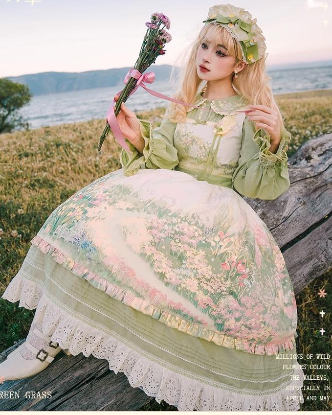 Flower and Pearl Box~Wild Flowers and Fragrant Grass~Country Lolita Dress Floral Print JSK and OP Dress Set