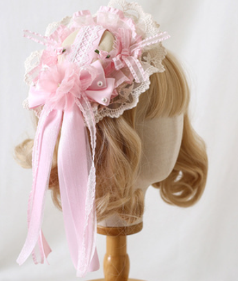 Xiaogui~Mood Limited Pink~Kawaii Lolita Lace Headdress Accessories no. 1 small bowler hat body diameter 14cm plus lace overall diameter of about 20cm  
