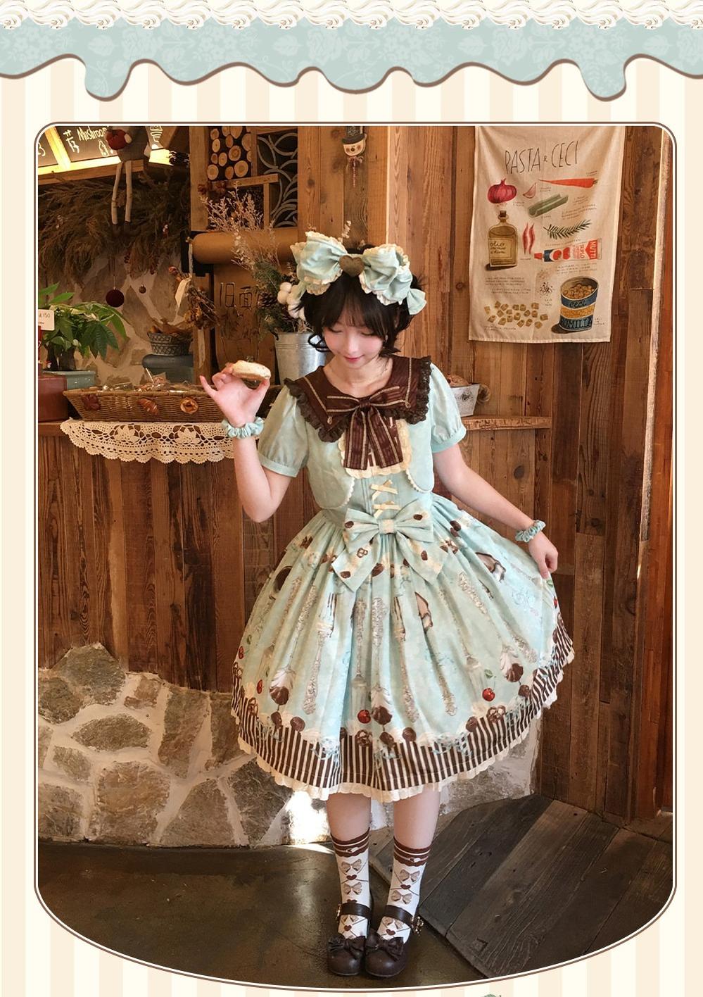 Dessert - Kawaii Lolita Sailor Collar OP Dress, Chocolate & Fork Print 44905:827110
