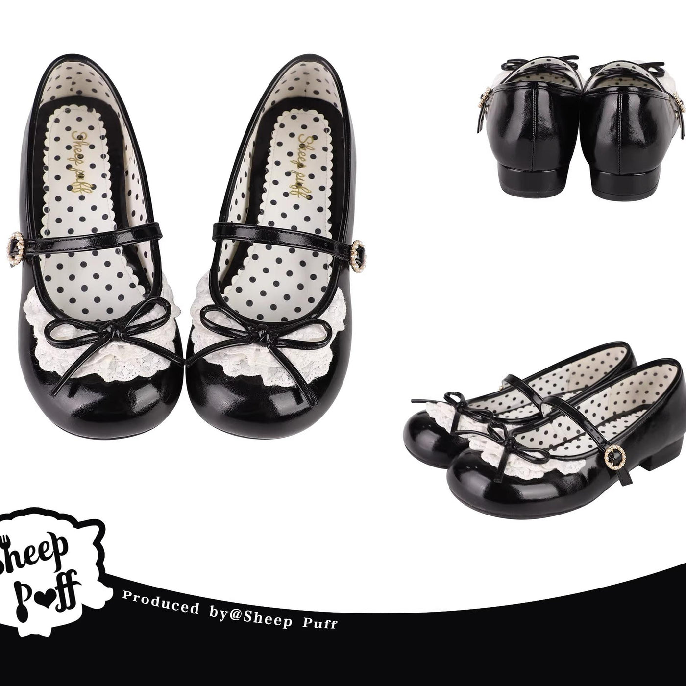 Sheep Puff~Little Leila~Daily Lolita Lace Round Toe Flat Shoes Multicolors 34 black 