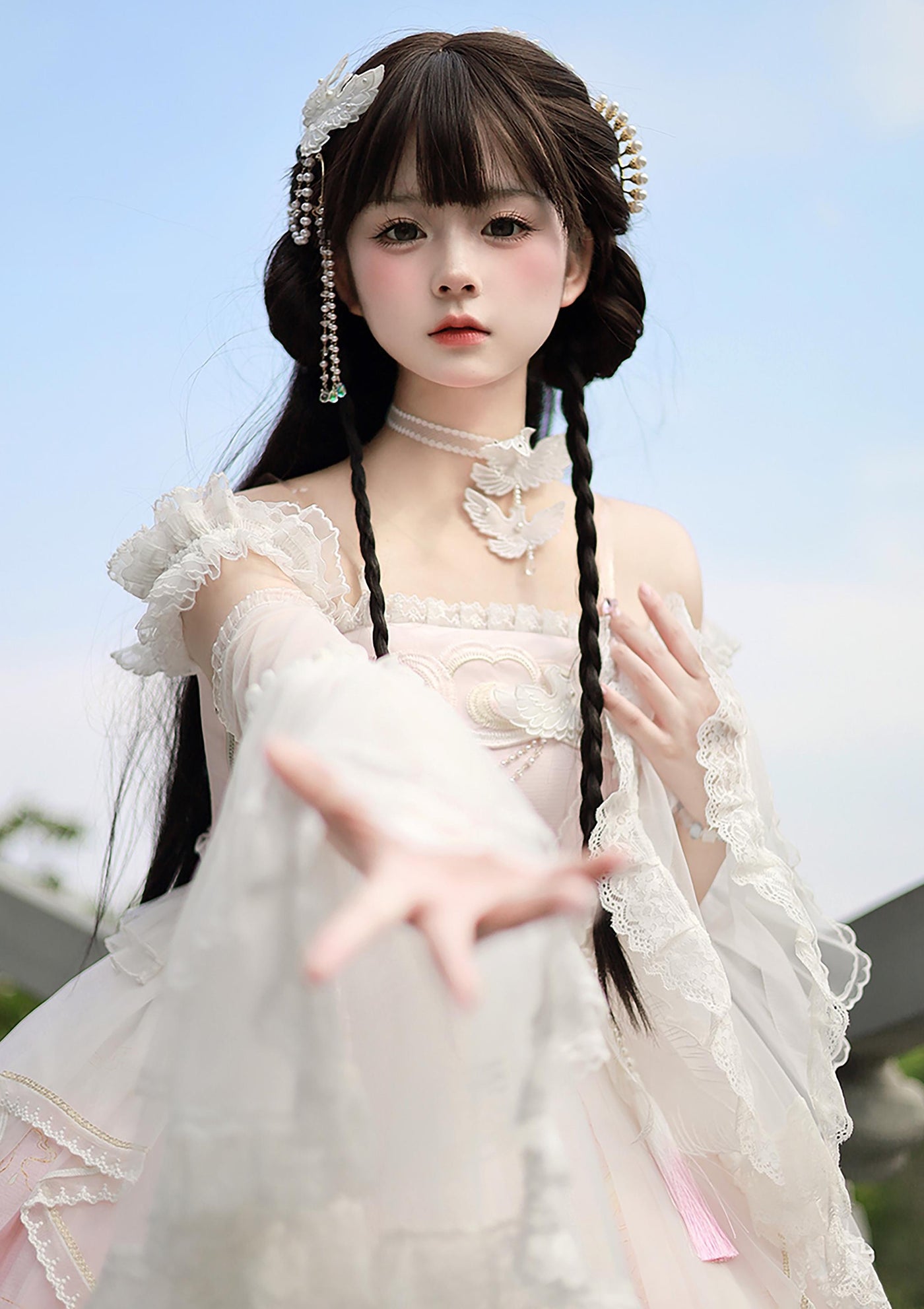 (BFM)Unicorn Wing~Starry Mirror Phoenix~Chinese Style Lolita JSK Dress Set Watercolor Pink Full Set S 