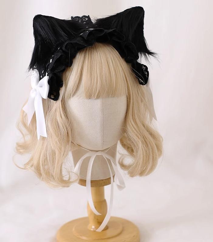 Xiaogui - Gothic Lolita Headband Cat Ear Hairpin Black cat ears + white headband