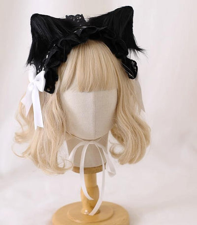 Xiaogui~Gothic Lolita Headband Cat Ear Hairpin Black cat ears + white headband  