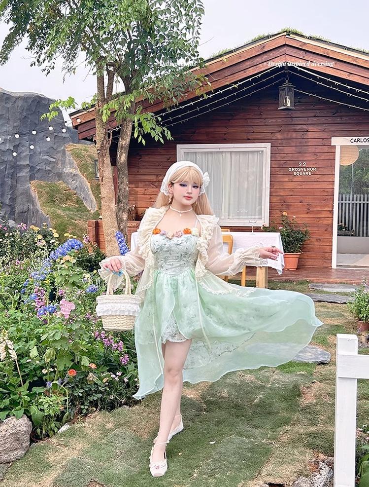 Yingtang~Plus Size Green Lolita Jumper Dress Spring Floral Lolita Dress Caidigan Set JSK XL 