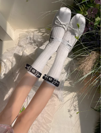 WAGUIR~Y2K Lolita Cotton Mid-Calf Socks free size white 