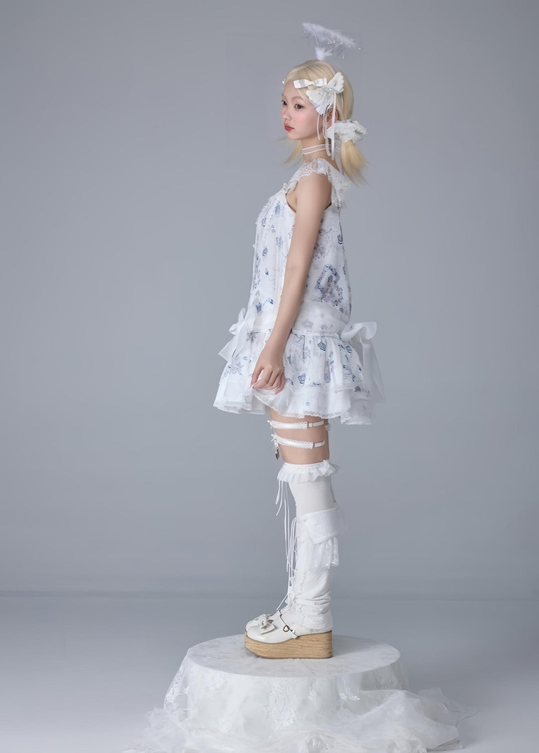Bacio Bouquet~Hyaline Angel~Daily Lolita Low Waist Dress with Angle Print&Lace Detail