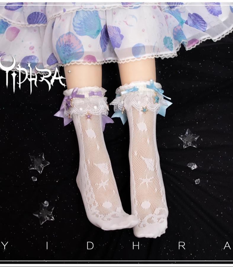 Yidhra - Lolita Ankle Socks Detachable Sock Cuffs With Bow/Pendant Socks + Color Variation Sock Cuffs (one blue+one purple) F