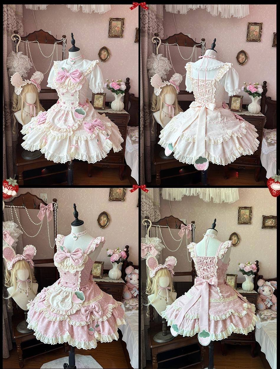 Salty Cream - Strawberry Polka Dot - Sweet Lolita OP Dress, Detachable Apron