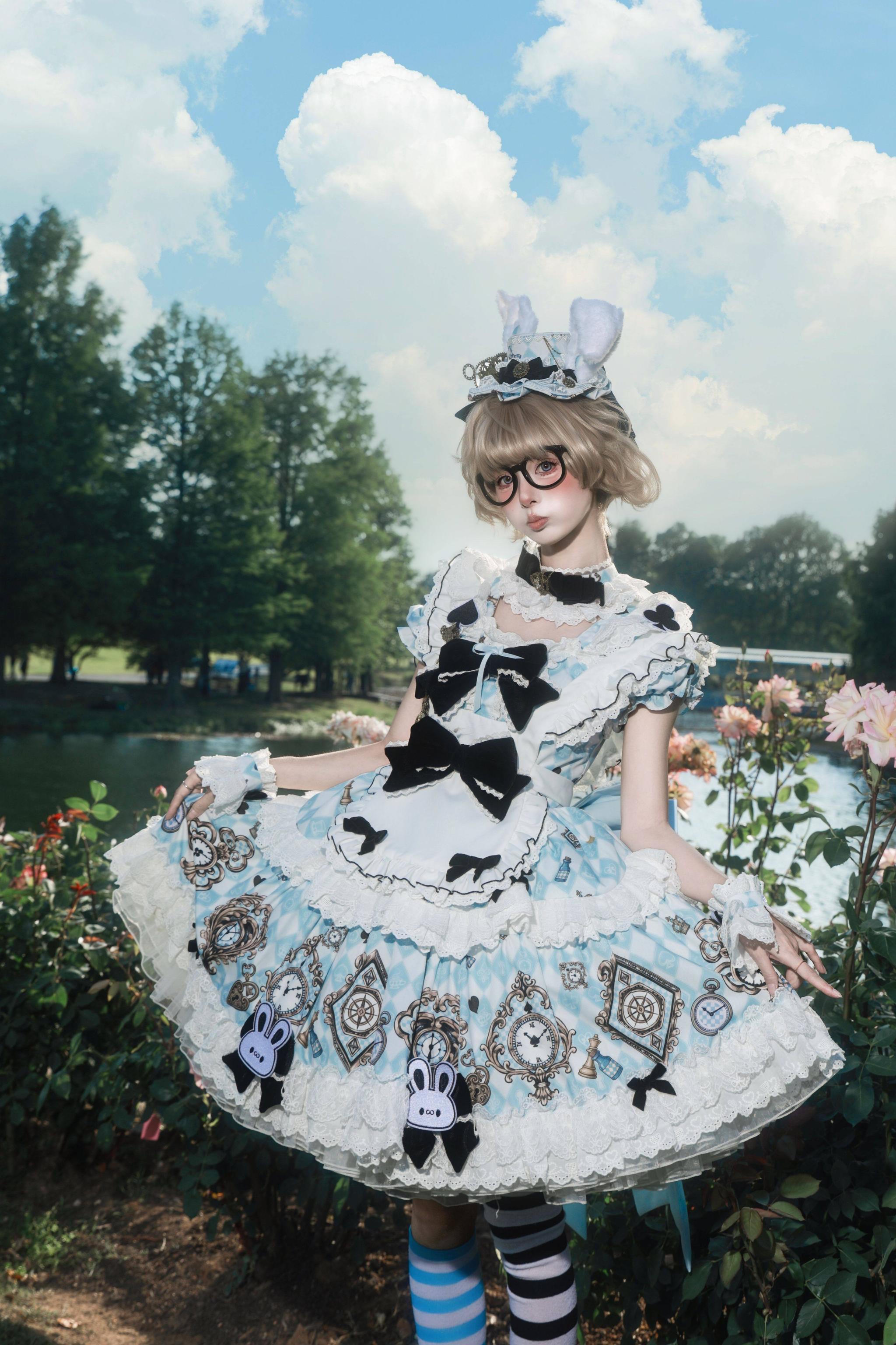 Unnamed Journey - Sweet Lolita Argyle Printed OP Dress with Bunny Details (Blue / 2XL L M S XL XS) 45510:850438