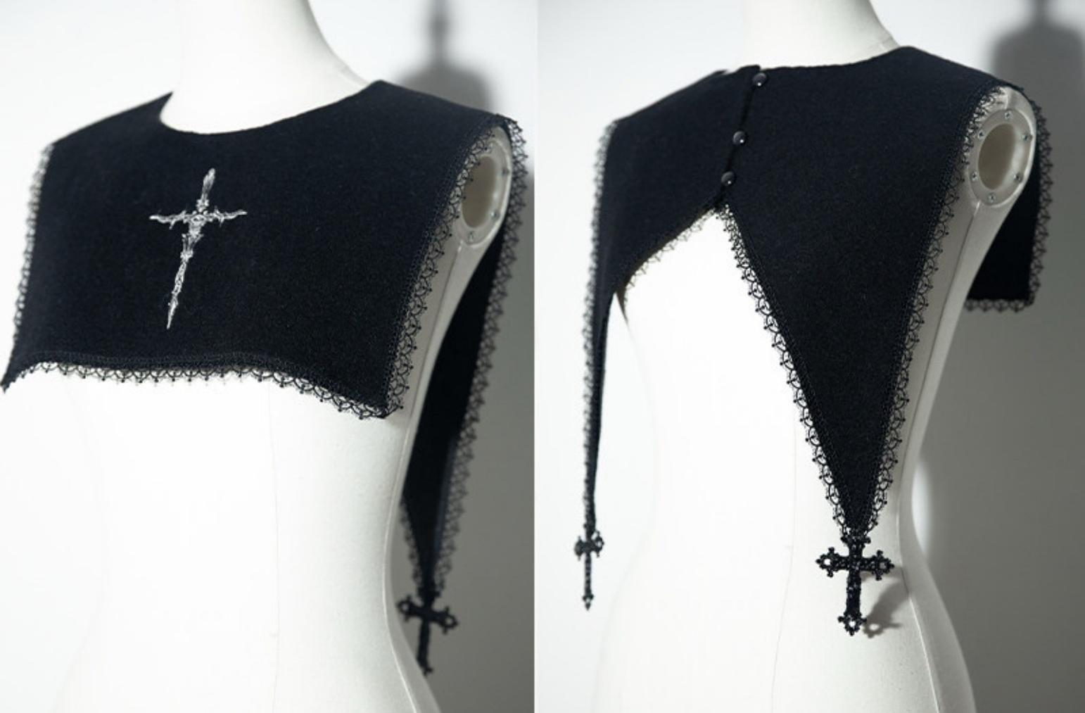 Cain and Lilith - Wool Gothic Lolita Long Coat, Cross Details Embroidered Cross False Collar Only S