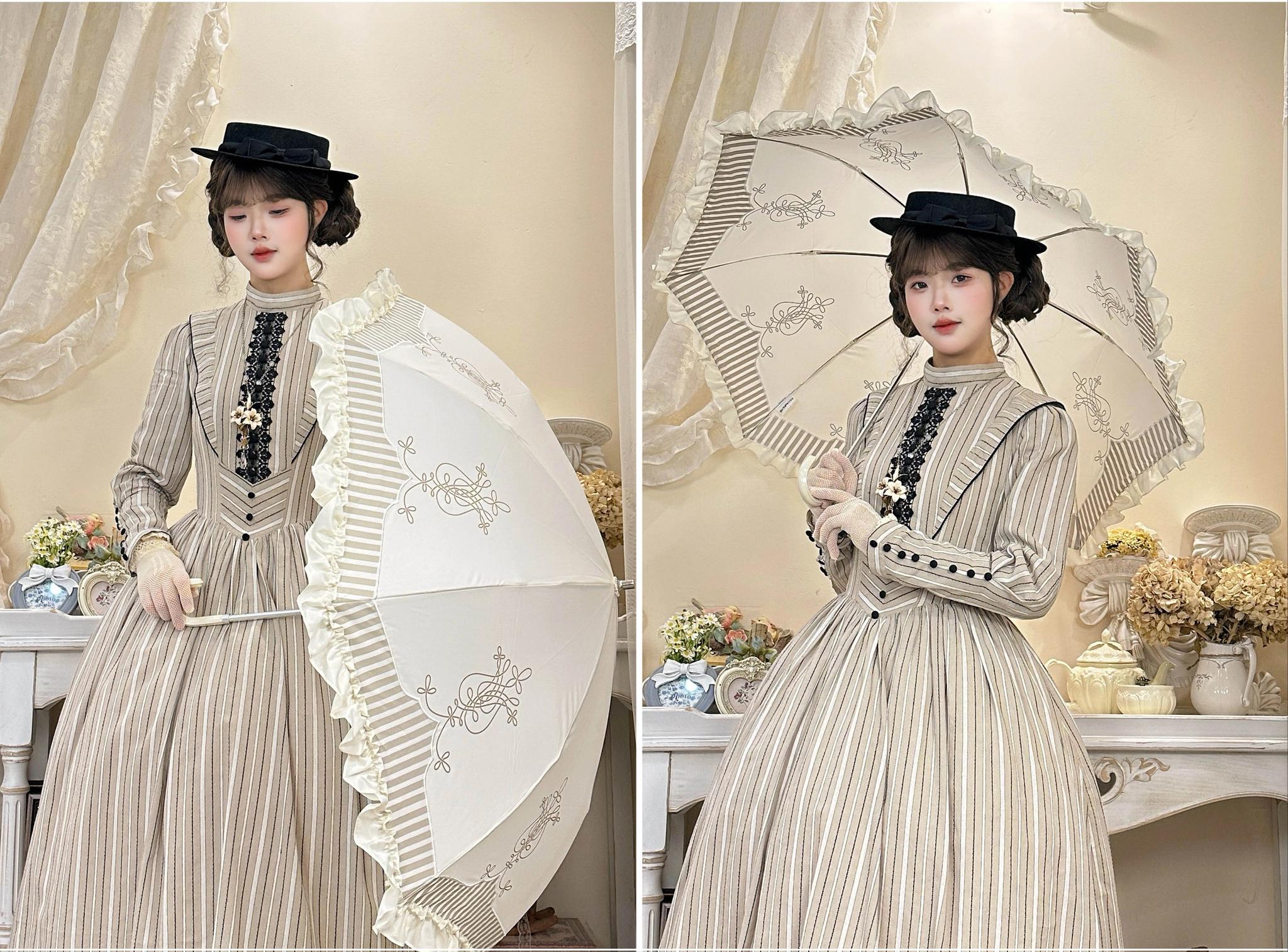 Lyre Academy - Classic Lolita 2-Fold Parasol, Lyre Print & Embroidered Trim 45679:858491