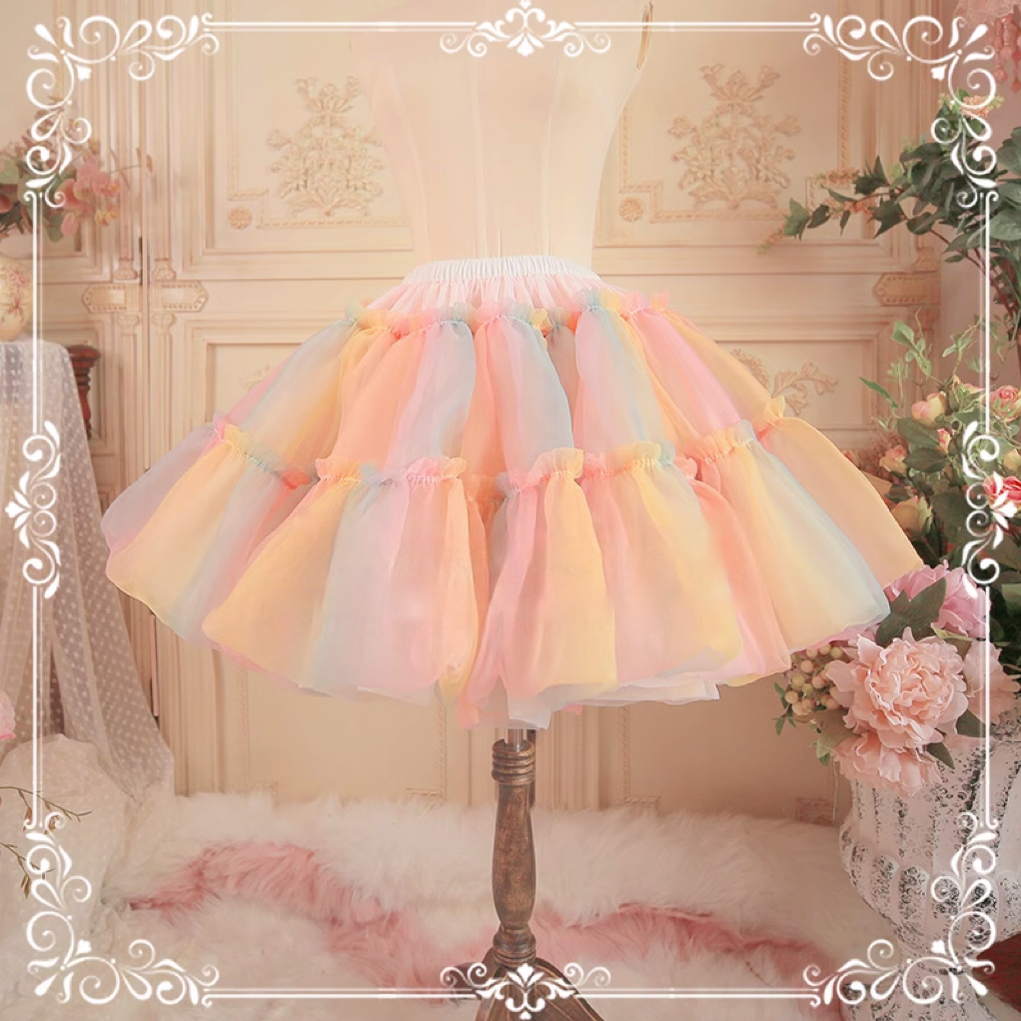 Aurora&Ariel~43CM Daily Lolita Pannier Rainbow Organza Petticoat free size 12m half-colorful 