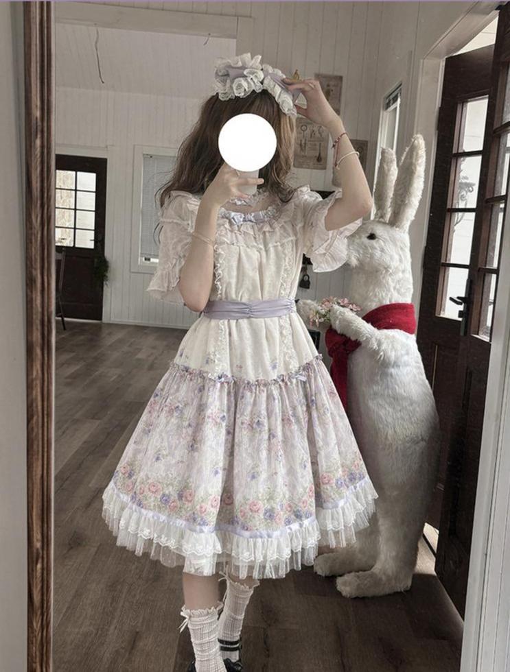 Yuri's Garden - Classic Floral Printed Lolita Dress with Lace 45541:852348