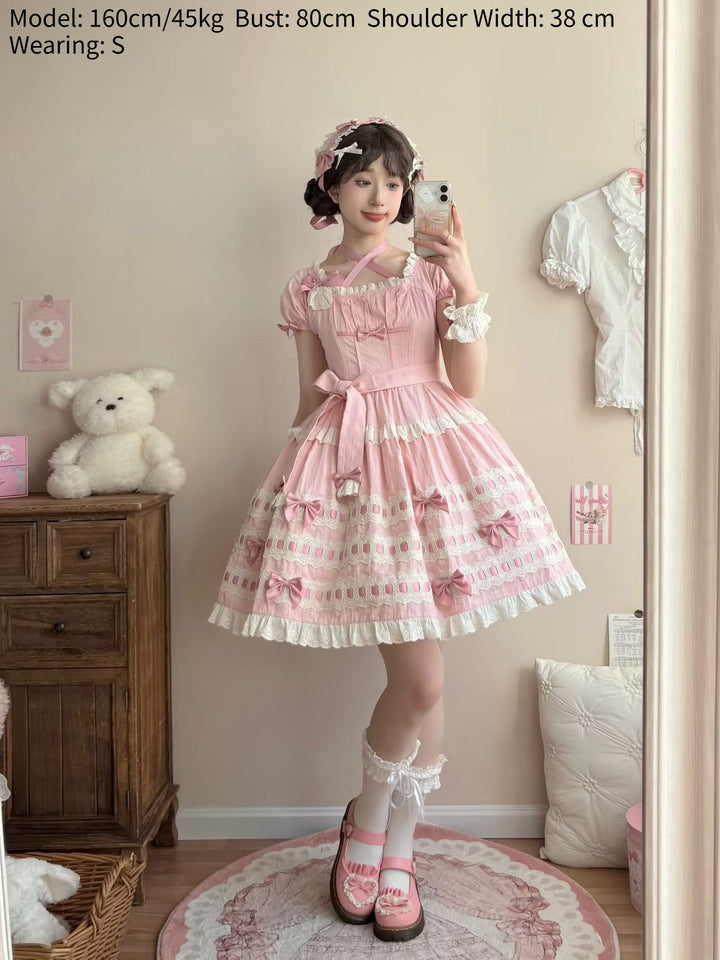 Uncle Wall Original~Cream Piping Artist~Cotton Sweet Lolita OP Halter-neck Dress With Accessory