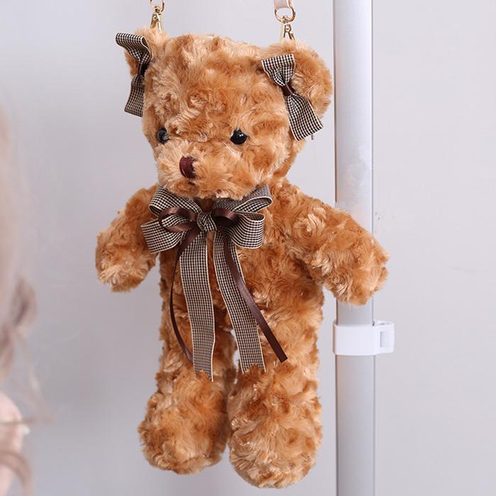 Xiaogui - Kawaii Lolita Bag Bear Shape Crossbody Bag number #1(coffee color fine grid) brown bear canvas chain