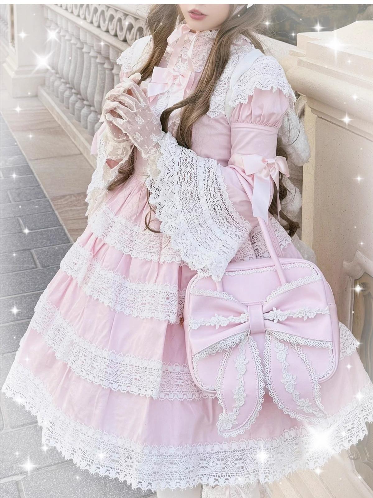 Sheep Puff - Old School Lolita Bag, Ear-Like Bow & Floral Lace