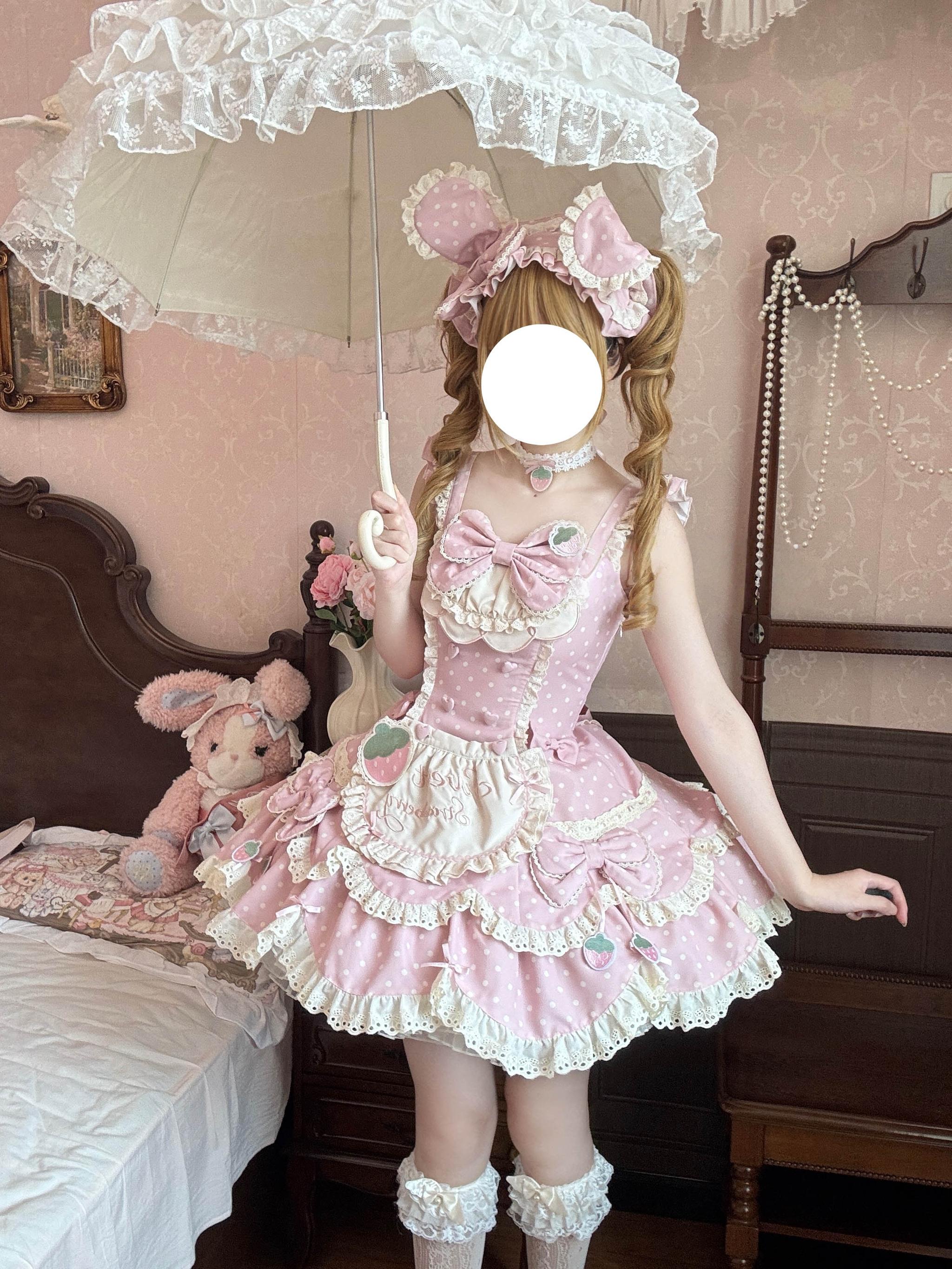 Salty Cream - Strawberry Polka Dot - Sweet Lolita OP Dress, Detachable Apron Light Pink OP Only XS