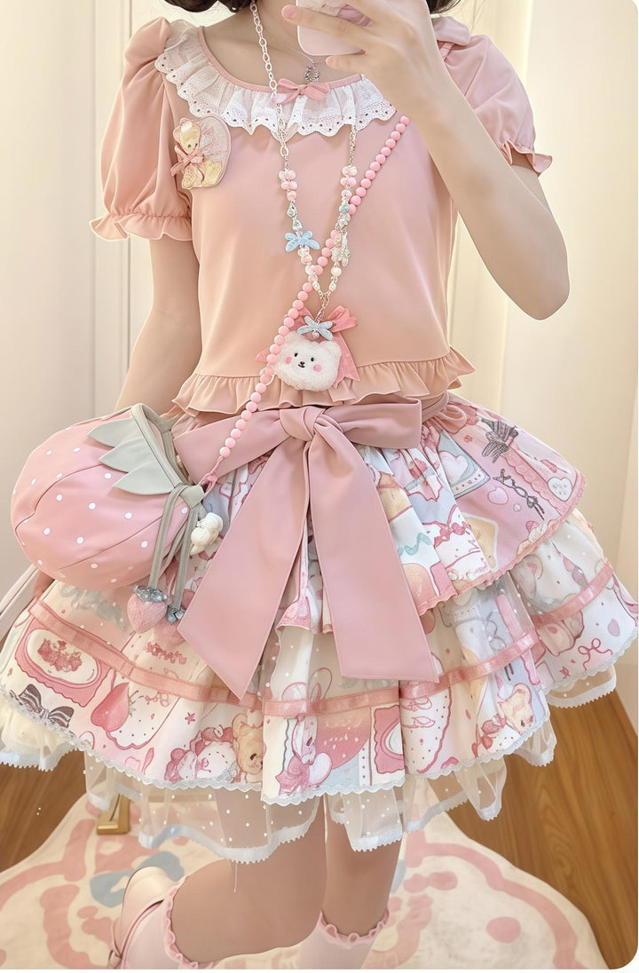 LittlePlum~Showa Strawberry Diary~Sweet Lolita Dress Outfit Printed Showa Era JSK Set