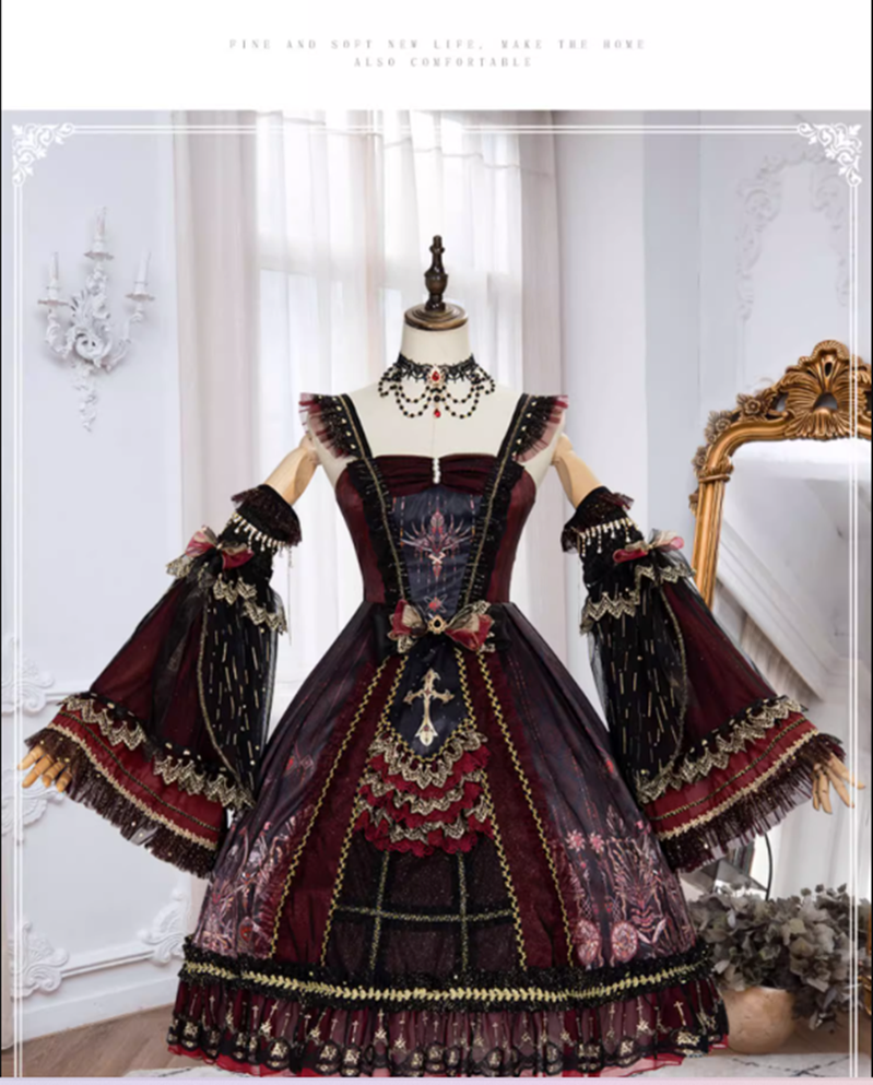 YingLuoFu - Black Red Retro Palace Elgant Classical Lolita JSK