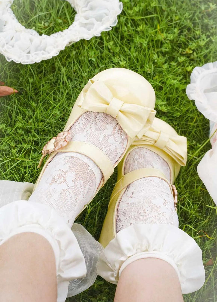 Sheep Puff~Hug Bear~Sweet Lolita Heel Shoes Bear Metal Buckle Bow Shoes 35 Patent Leather Yellow - Low Heel 