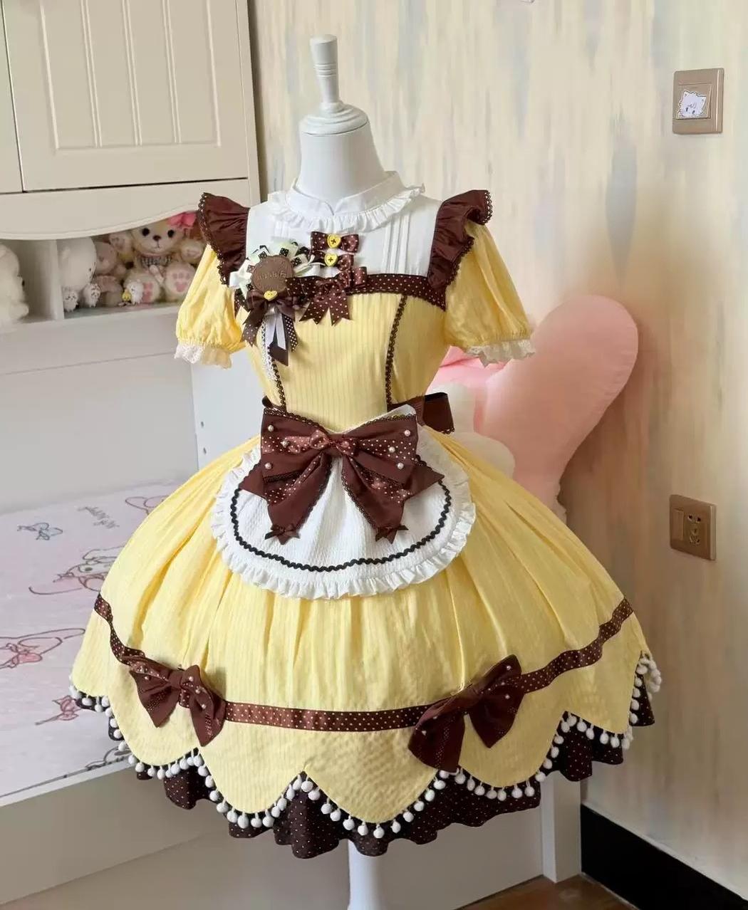 Biscuit Tata - Doll-like Sweet Lolita Dress, Detachable Chocolate Bows (Yellow / L M S XL) 45852:865227