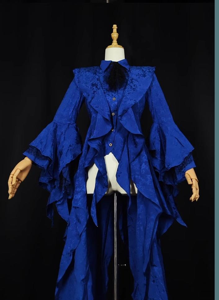 Camouflage Humanoid~Eerie Devour~Ouji Lolita Shirt with Irregular Hem Klein Blue S Long Version