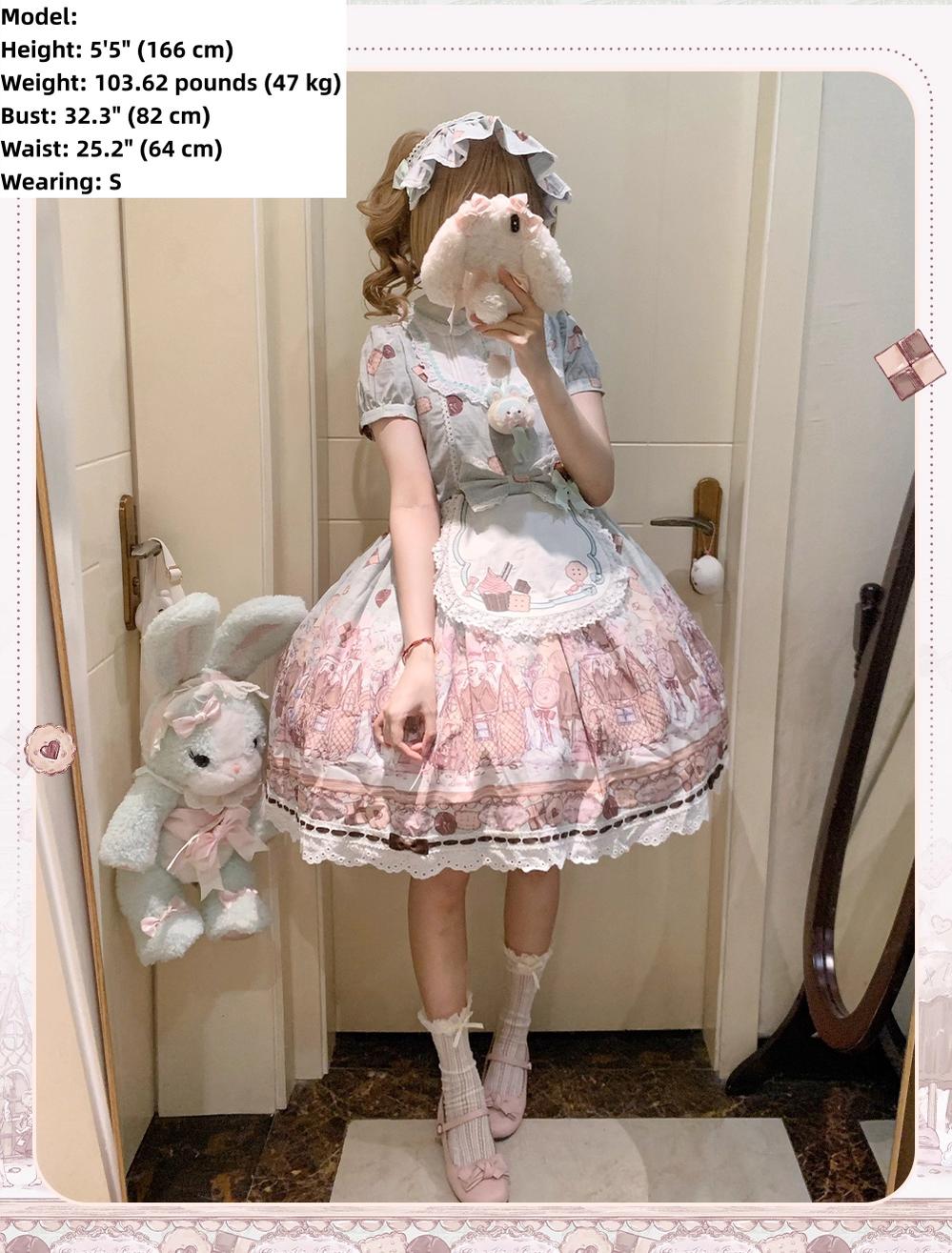 The Story of Frosting Town - Kawaii Lolita Print Dress, Detachable Apron 44387:806569
