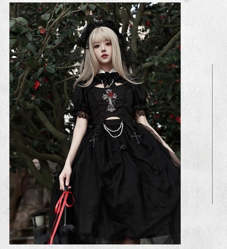 With PUJI~Evil Flower~Gothic Lolita Skirt Set Rose Embroidered Hollow Out Blouse