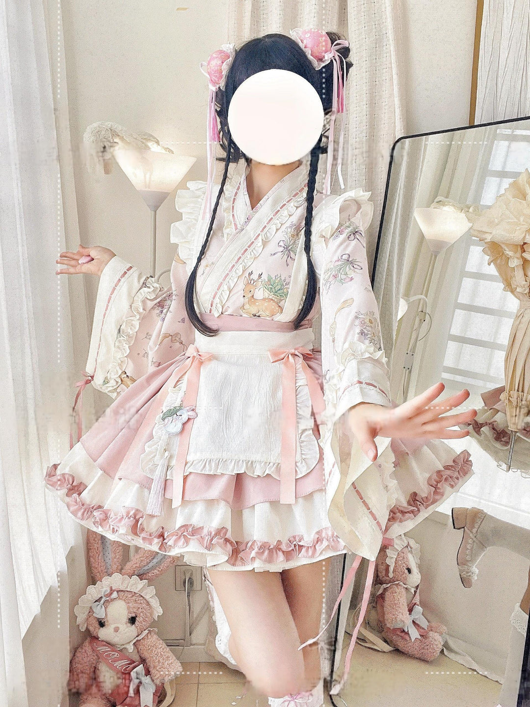 Qianmu~Little Herbalist~Han Lolita Skirt Outfit with Cross-collar Blouse and Apron