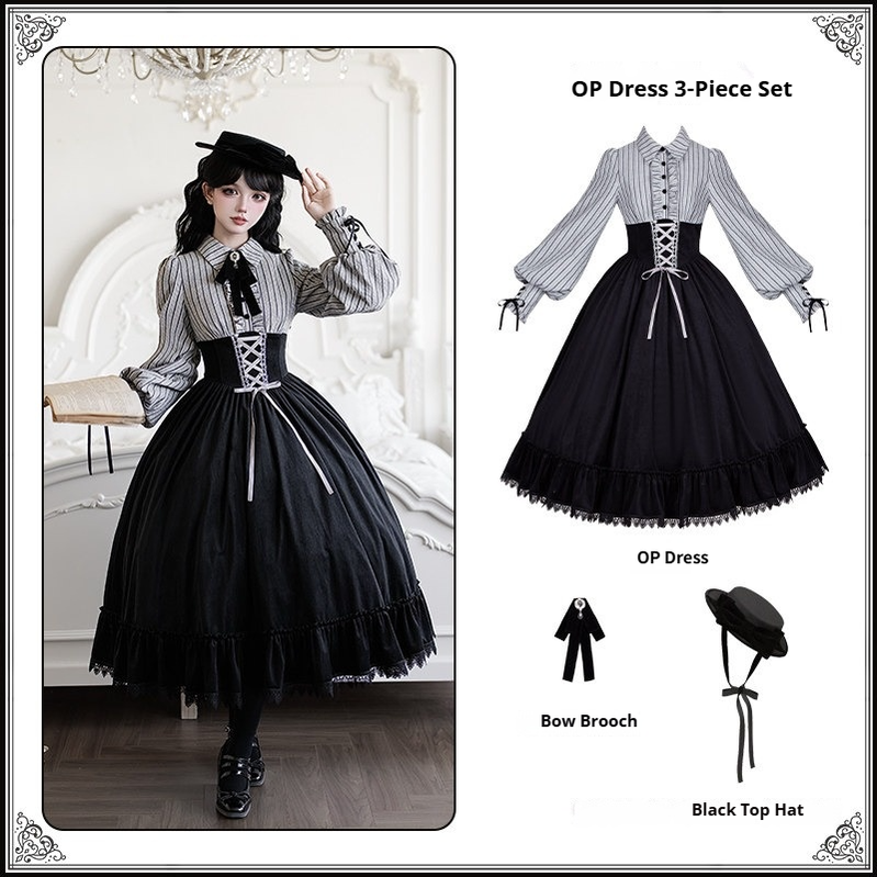 Dusk Moment - Classic Lolita Striped OP & Mermaid Dress Set, Fishbone Waist (L M S) 44498:810792