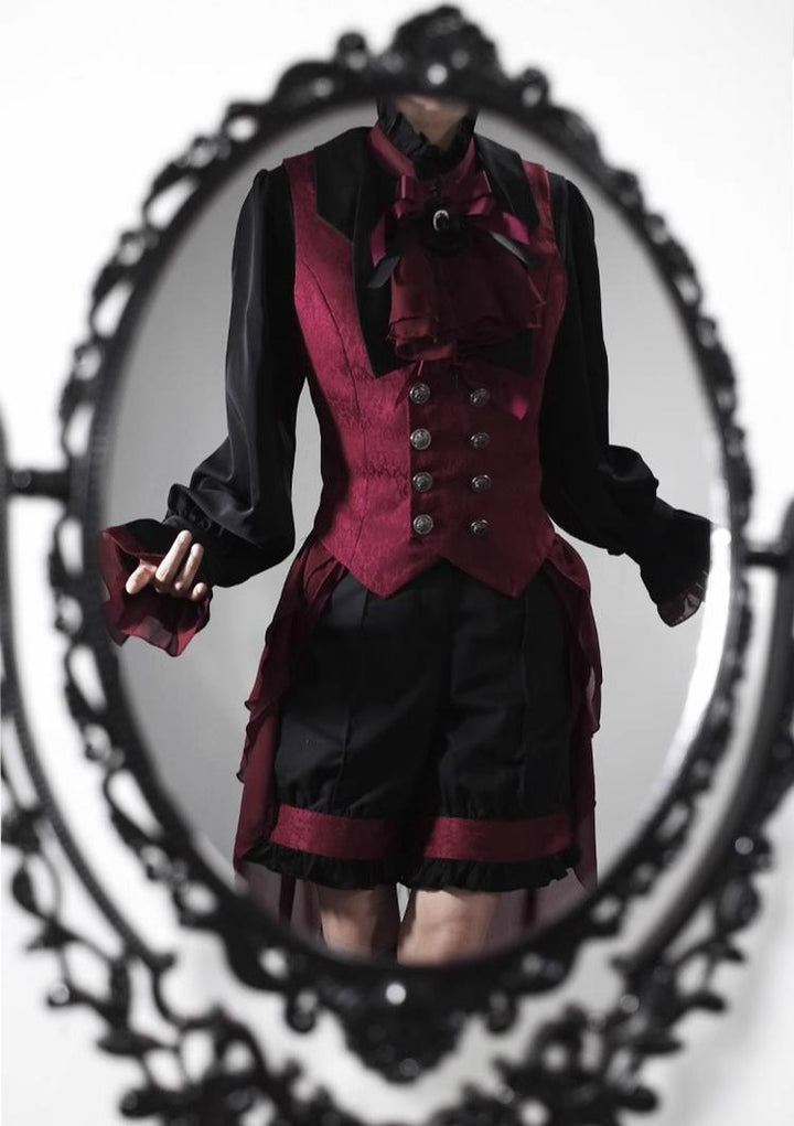 (BFM)CastleToo~Evil Twins~Ouji Lolita Vest Shorts Skirt Black Red Set Free size Vest + bow tie 